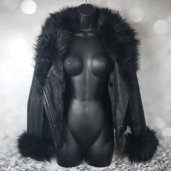 Black Faux Fur Faux Leather Jacket - Picture 5 of 6